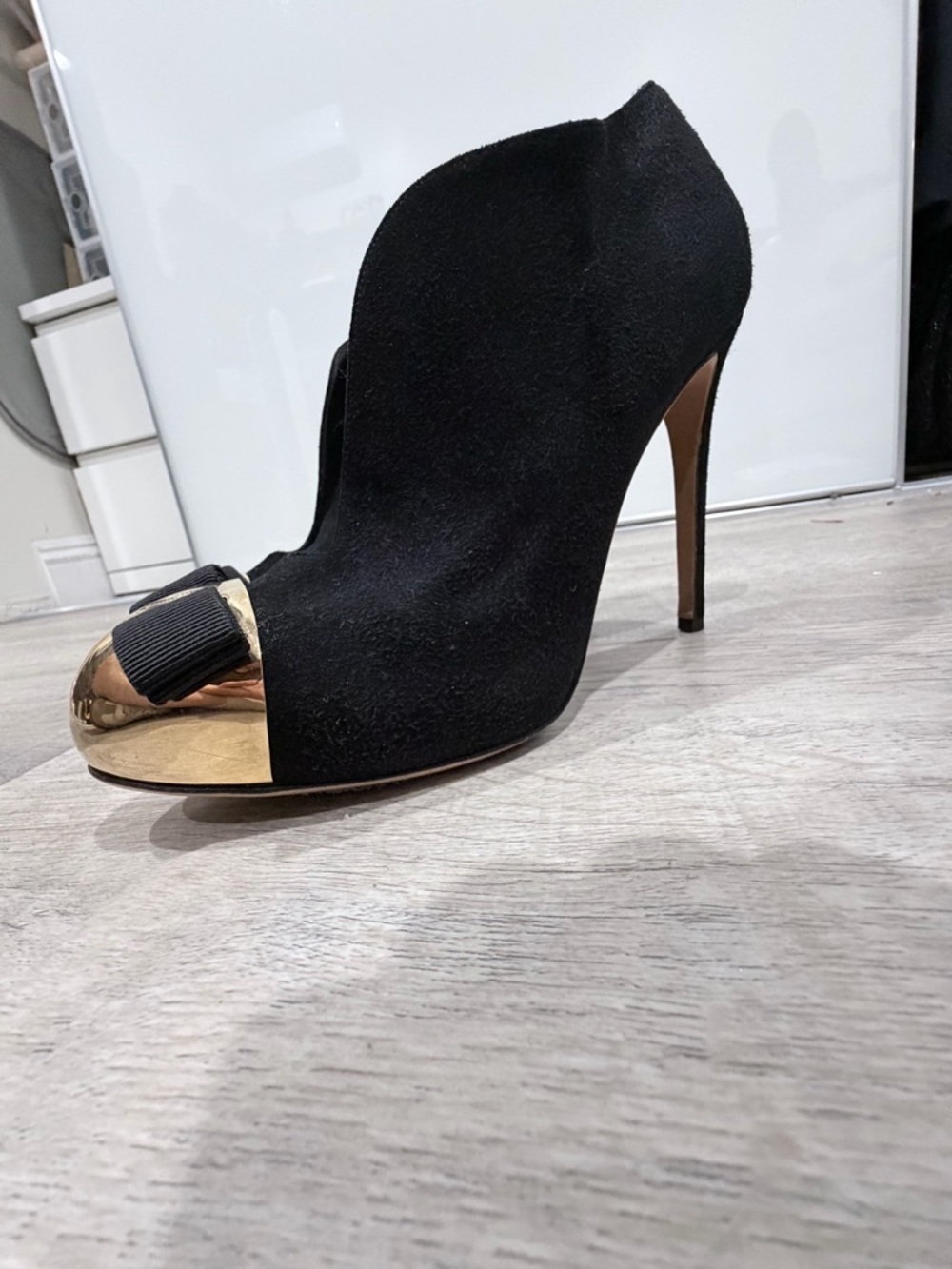 Salvatore Ferragamo Black Suede Ankle Boot with Gold Toe Cap